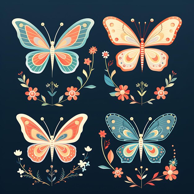 Photo a set of butterflies caterpillars wildflowers korean lunar new year b 2d flat art illustration