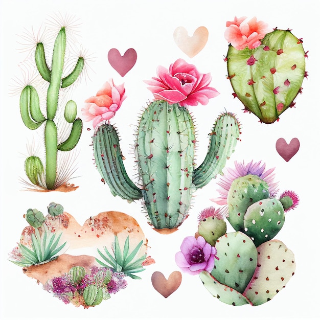 Photo set of cactus and blooming flower painting by watercolor created with generative ai technology