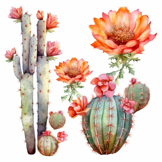 A set of cactus flowers in orange and pink.