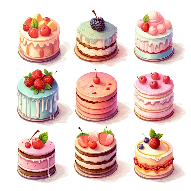 白い背景の上のケーキ部分のイラストのセット