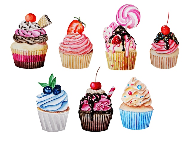 Photo set of cakes, cupcakes and sweets.