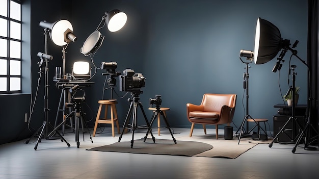 a set of cameras with a leather chair and a leather chair