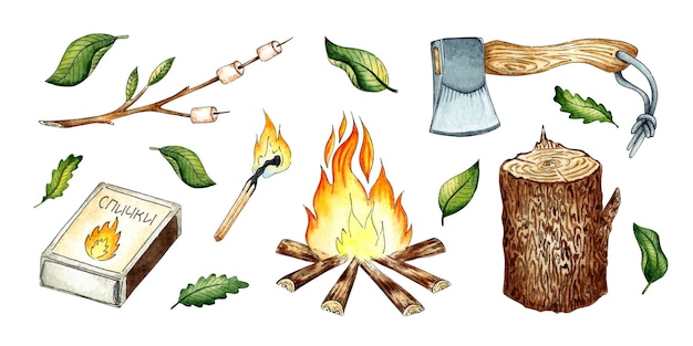 Set of camping matches bonfire log watercolor