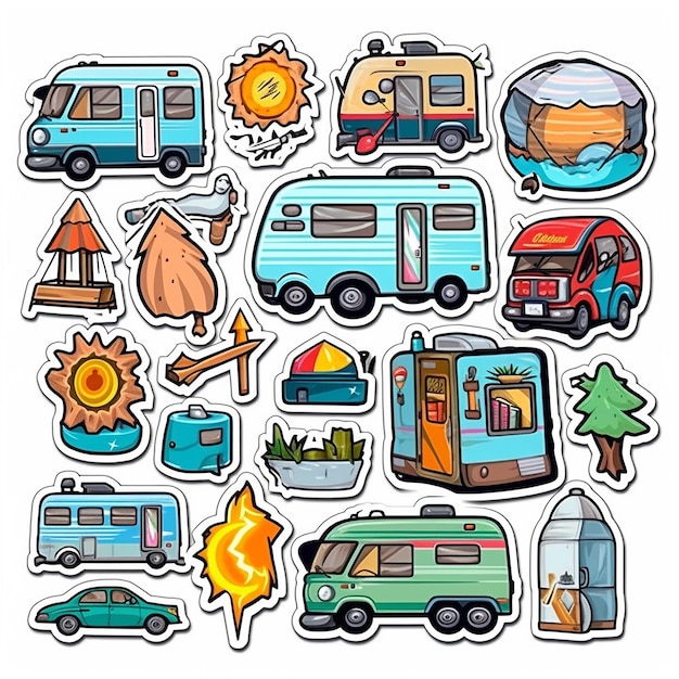 A set of camping outdoor small vinyl stickers pop art style popular objects