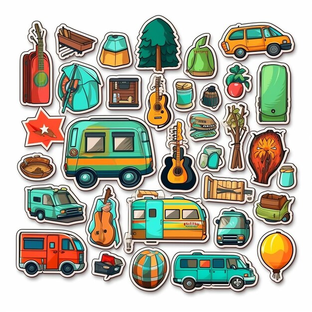 A set of camping outdoor small vinyl stickers pop art style popular objects