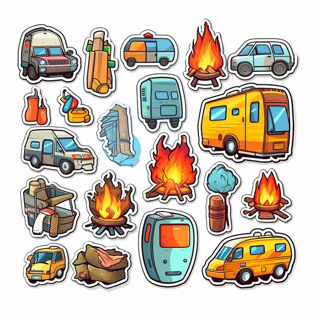 A set of camping outdoor small vinyl stickers pop art style popular objects