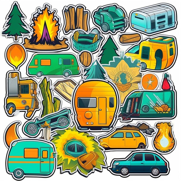 Photo a set of camping outdoor small vinyl stickers pop art style popular objects