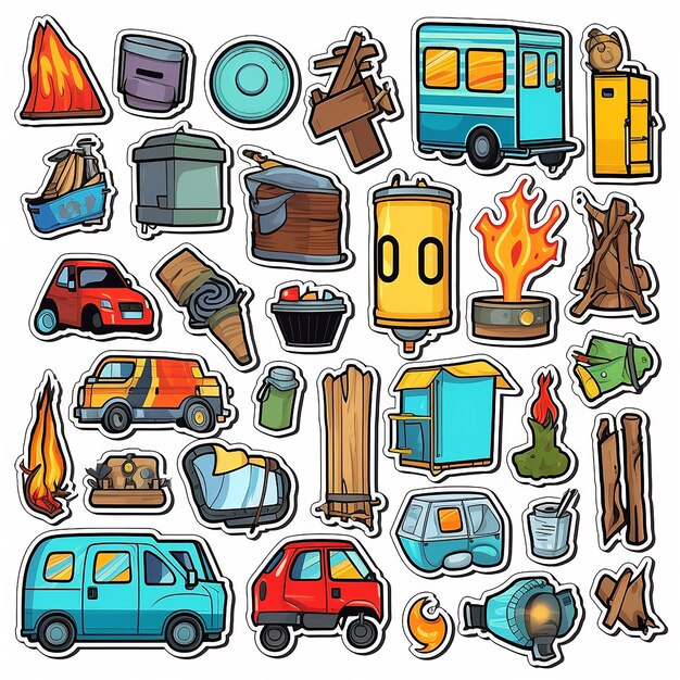 Photo a set of camping outdoor small vinyl stickers pop art style popular objects