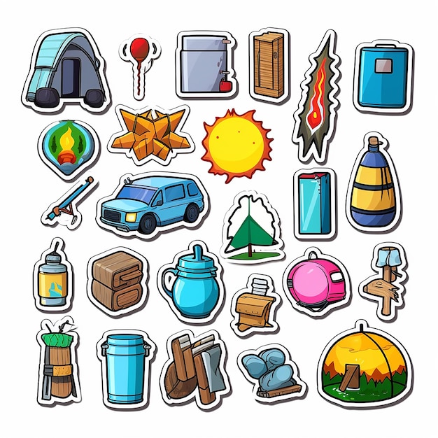 A set of camping outdoor small vinyl stickers pop art style popular objects