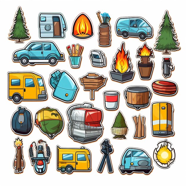 Photo a set of camping outdoor small vinyl stickers pop art style popular objects