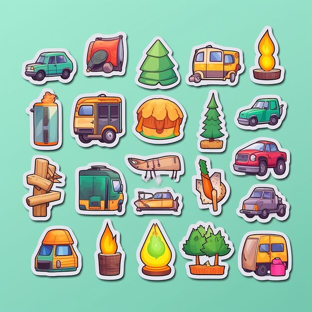 A set of camping outdoor small vinyl stickers pop art style popular objects