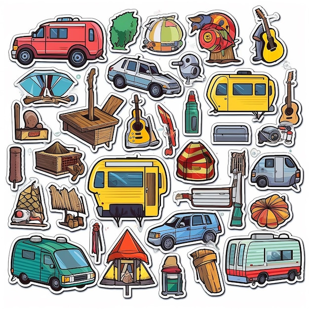 Photo a set of camping outdoor small vinyl stickers pop art style popular objects