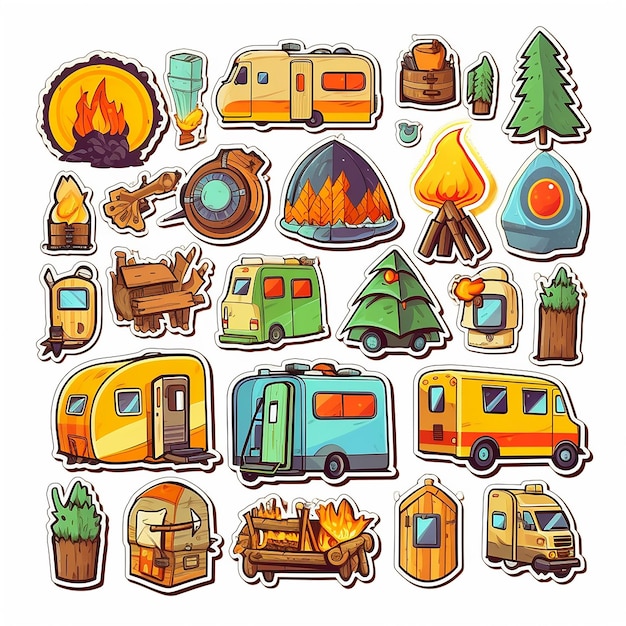 Photo a set of camping outdoor small vinyl stickers pop art style popular objects