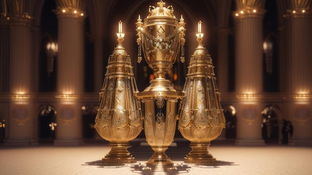 A set of candles are on a table in a church.