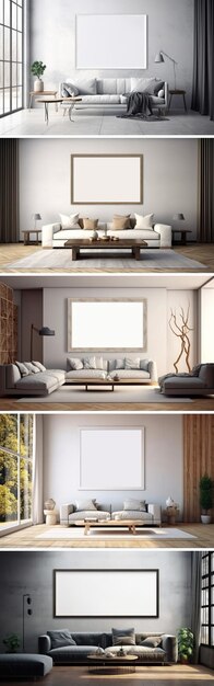 Set of canvas mockup in minimalist interior background with armchair and rustic decor 3d render