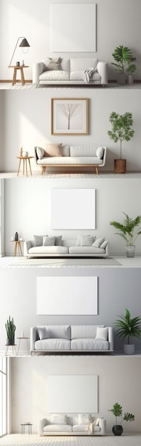 Набор макетов холста в минималистском интерьере с креслом и деревенским декором d render