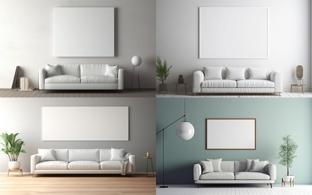 Set canvas mockup op minimalistische interieurachtergrond met fauteuil en rustiek decor d render