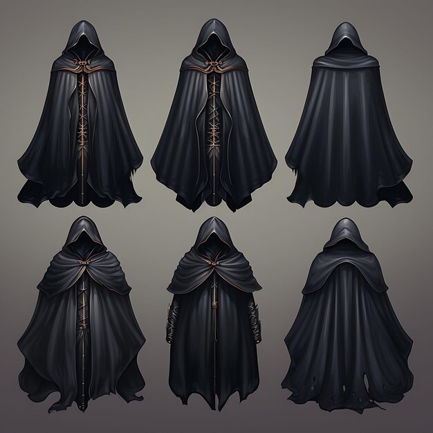 Set of Cape Wardrobe Item Realistic Design Cloak Stealth Item Midni 2D Asset Design Clipart Flat