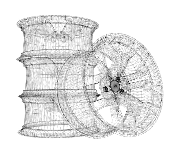 Set of car wheels isolated,  body structure, wire model