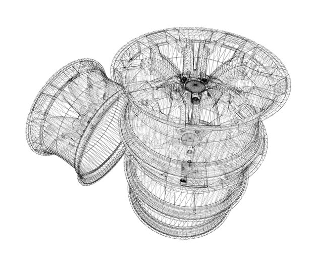 Set of car wheels isolated,  body structure, wire model