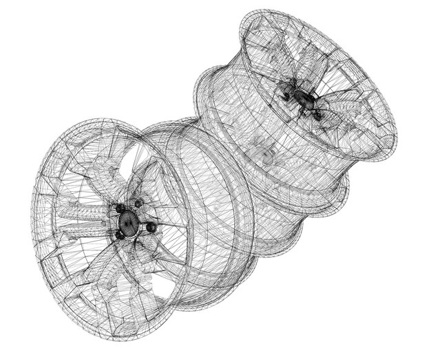 Set of car wheels isolated,  body structure, wire model