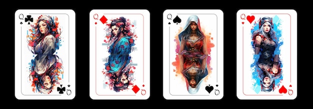 Set of card queens of different suits depicting queens of different cultures isolated on black