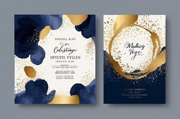 Set di carte con forma astratta splash gold concetto di acquerello da matrimonio poster invito blu marina cartellone decorativo vettoriale carta d'onore o sfondo di design di invito