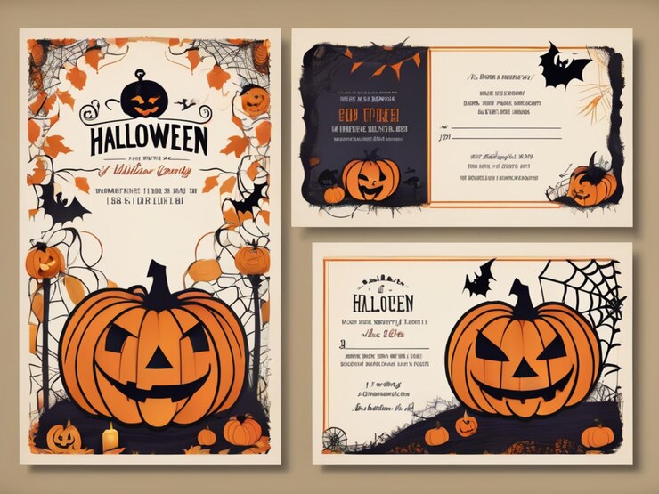 Photo a set of cards for halloween with pumpkins and bats