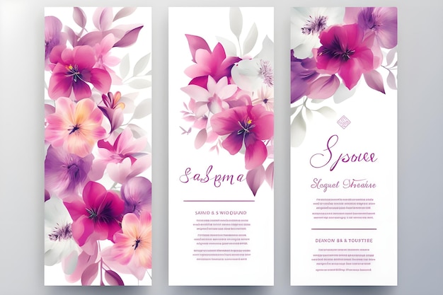 Photo a set of cards with flowers and a pink flower