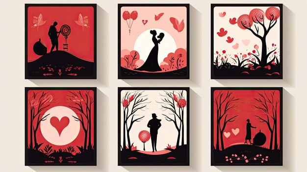 Set of cards with silhouettes of people and hearts