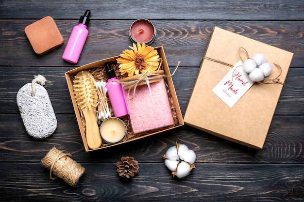 Set for care box on wooden background Christmas concept Top view Flat lay