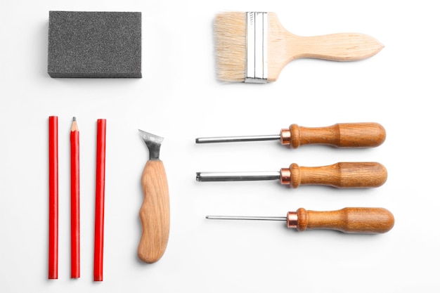 Photo set of carpenter's tools on white background