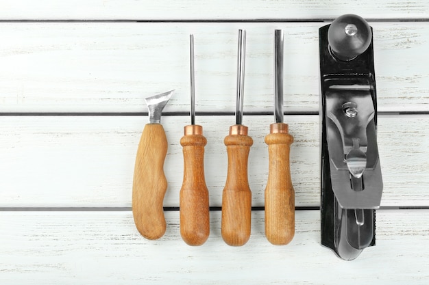 Set of carpenter's tools on wooden 