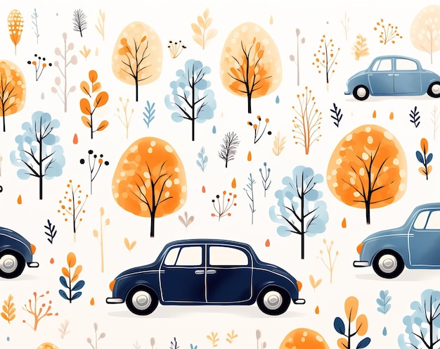 Set of cars postcard children's theme autumn