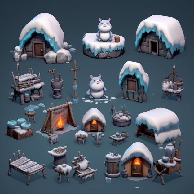 A set of cartoon characters including a snowman and a cabin.