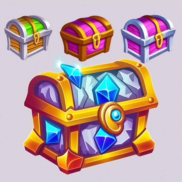 a set of cartoon chests with gems and jewels generative ai