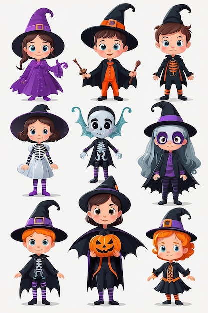 Photo a set of cartoon children dressed in halloween costumes generative ai