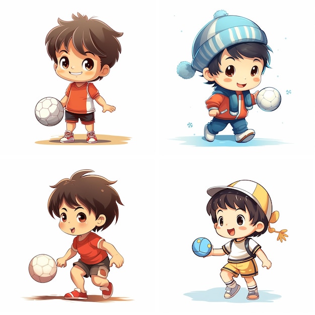 Photo set of cartoon children playing the ball