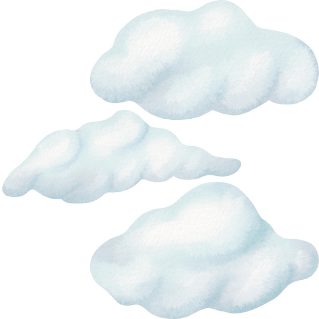 Photo set cartoon cute illustration gentle blue soft fluffy clouds float across the sky beautiful weather