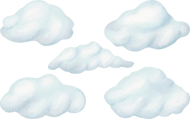 Photo set cartoon cute illustration gentle blue soft fluffy clouds float across the sky beautiful