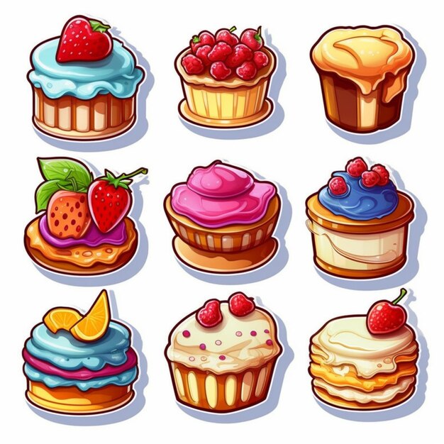 Photo a set of cartoon desserts with different toppings and toppings generative ai