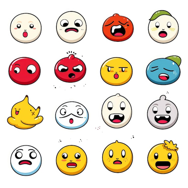 Set of cartoon faces expressions face emojis stickers emoticons cartoon funny mascot characters face