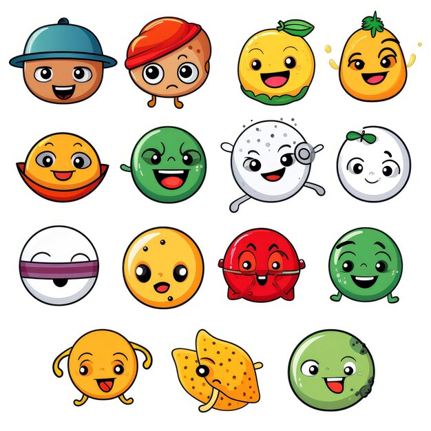 Photo set of cartoon faces expressions face emojis stickers emoticons cartoon funny mascot characters face