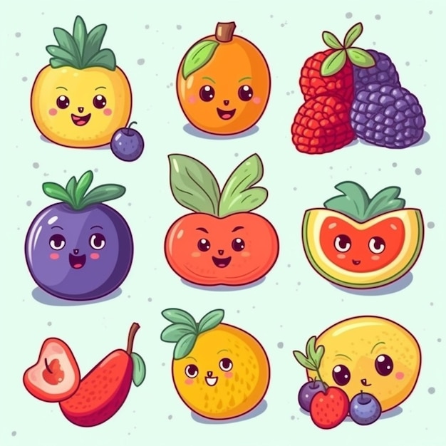 Photo a set of cartoon fruits with faces and eyes generative ai