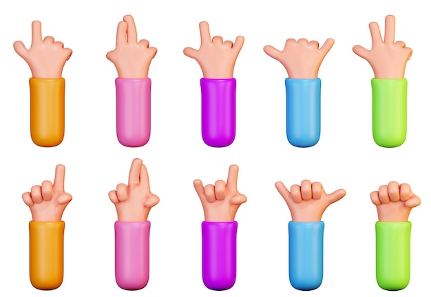 Set of cartoon hands with gestures Hand gestures in a funny style 3d rendering 3D hand gestures