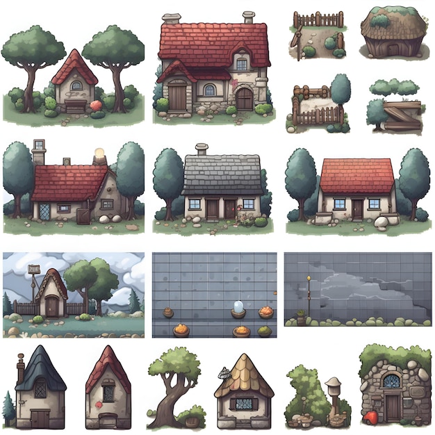Set cartoon huizen in het bos Vector illustratie geïsoleerd op witte achtergrond