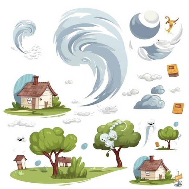 Photo a set of cartoon illustrations of a house and various weather related objects generative ai