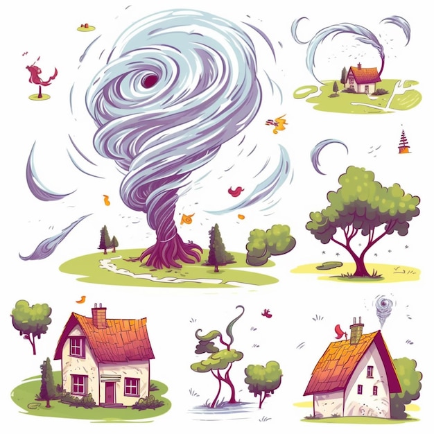 Foto una serie di illustrazioni di cartoni animati di un tornado e una casa generativa ai