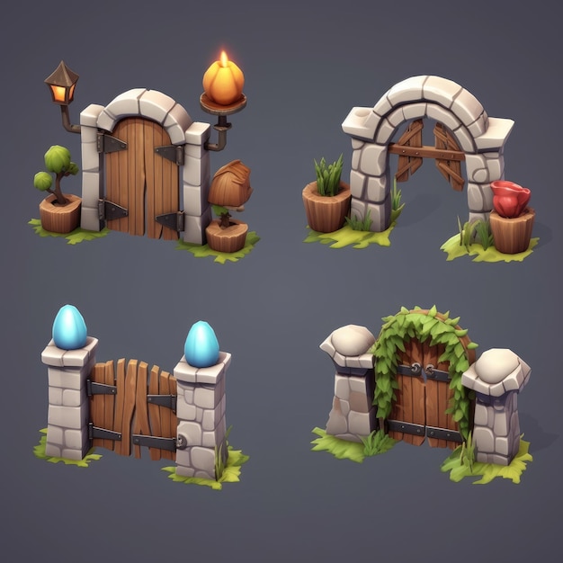 A set of cartoon images with a gate and a gate with a door and a gate with a brick wall.
