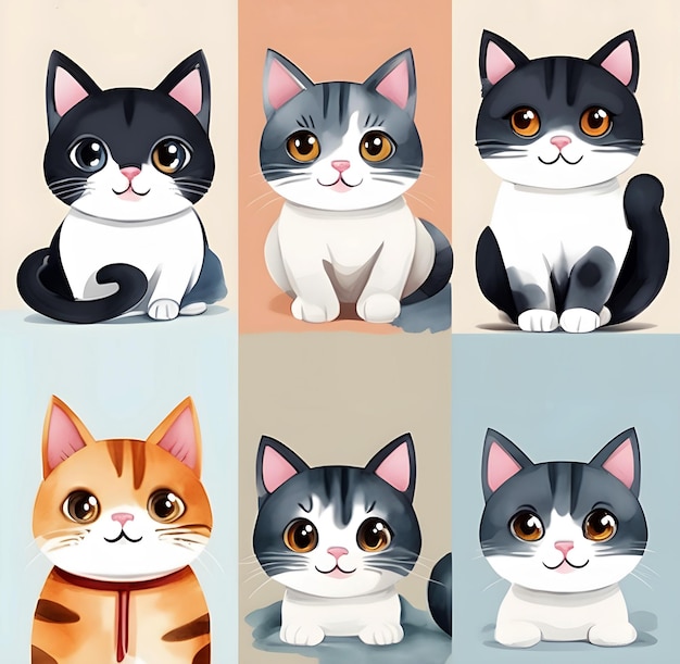 Set of cartoon kittens Watercolor hand painted isolated illustration